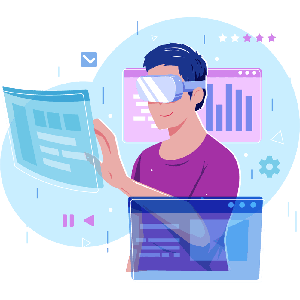 Person using VR technology with digital interfaces
